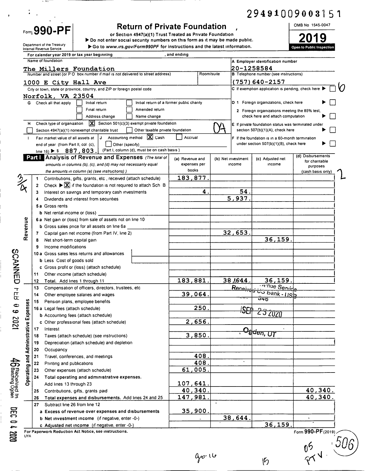Image of first page of 2019 Form 990PF for Miller Oil Foundation