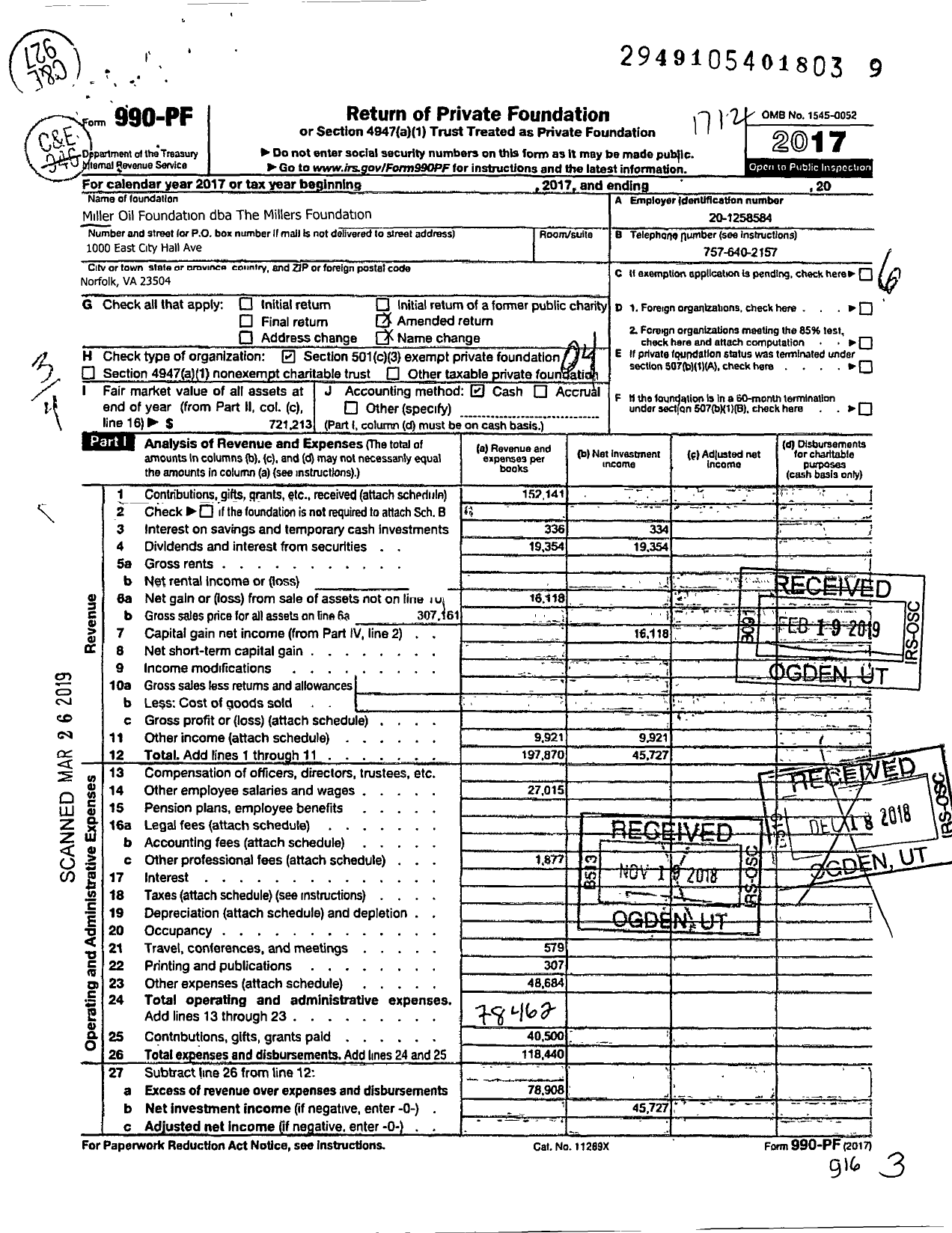 Image of first page of 2017 Form 990PF for Miller Oil Foundation