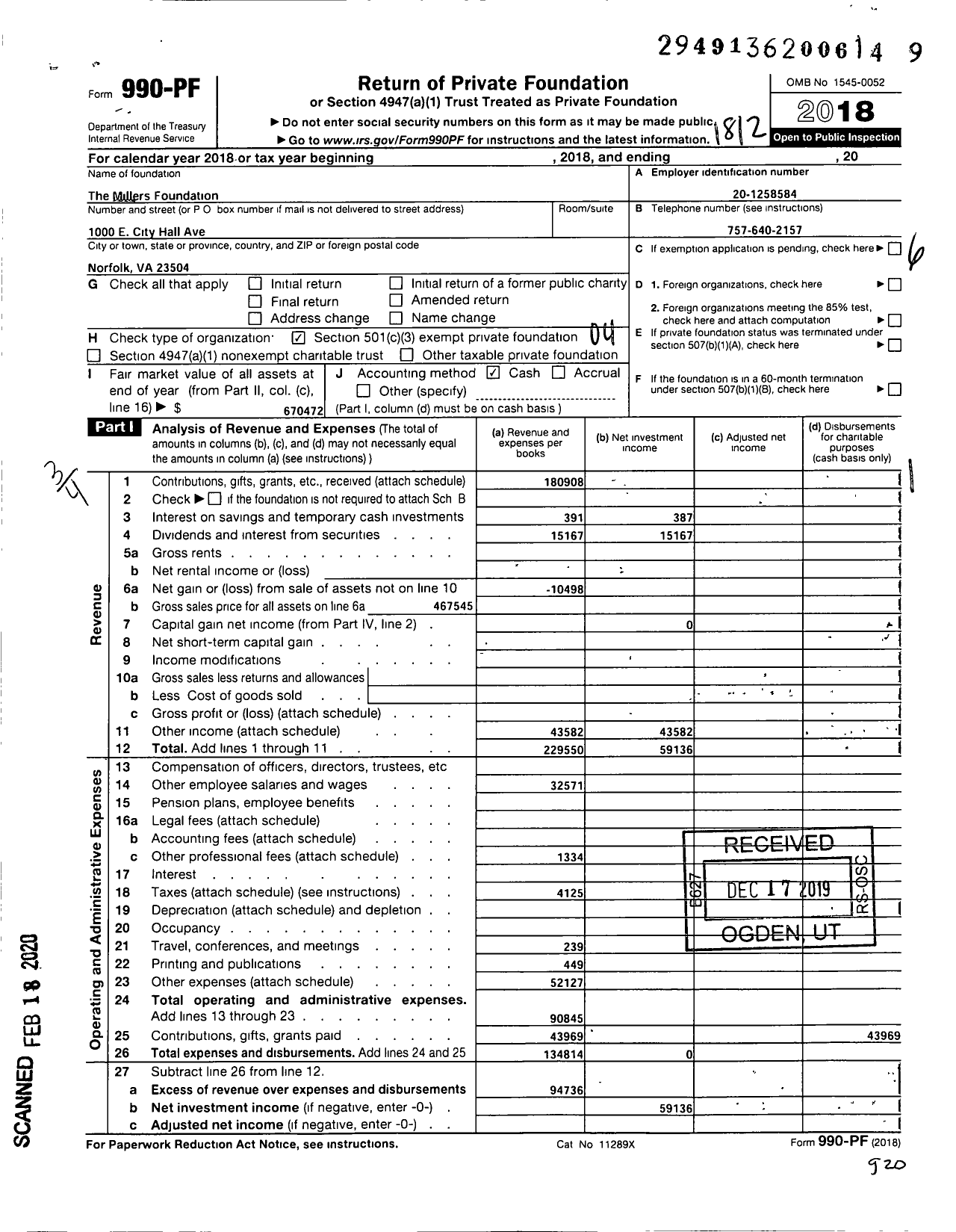Image of first page of 2018 Form 990PF for Miller Oil Foundation