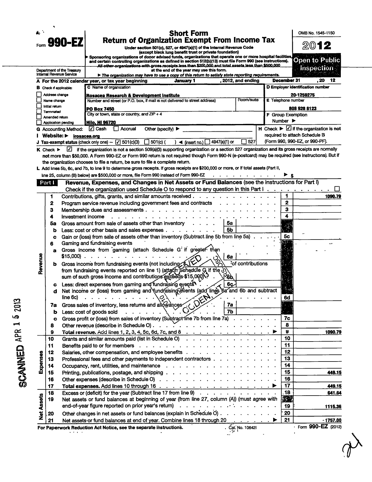 Image of first page of 2012 Form 990EZ for Rosacea Research and Development Institute