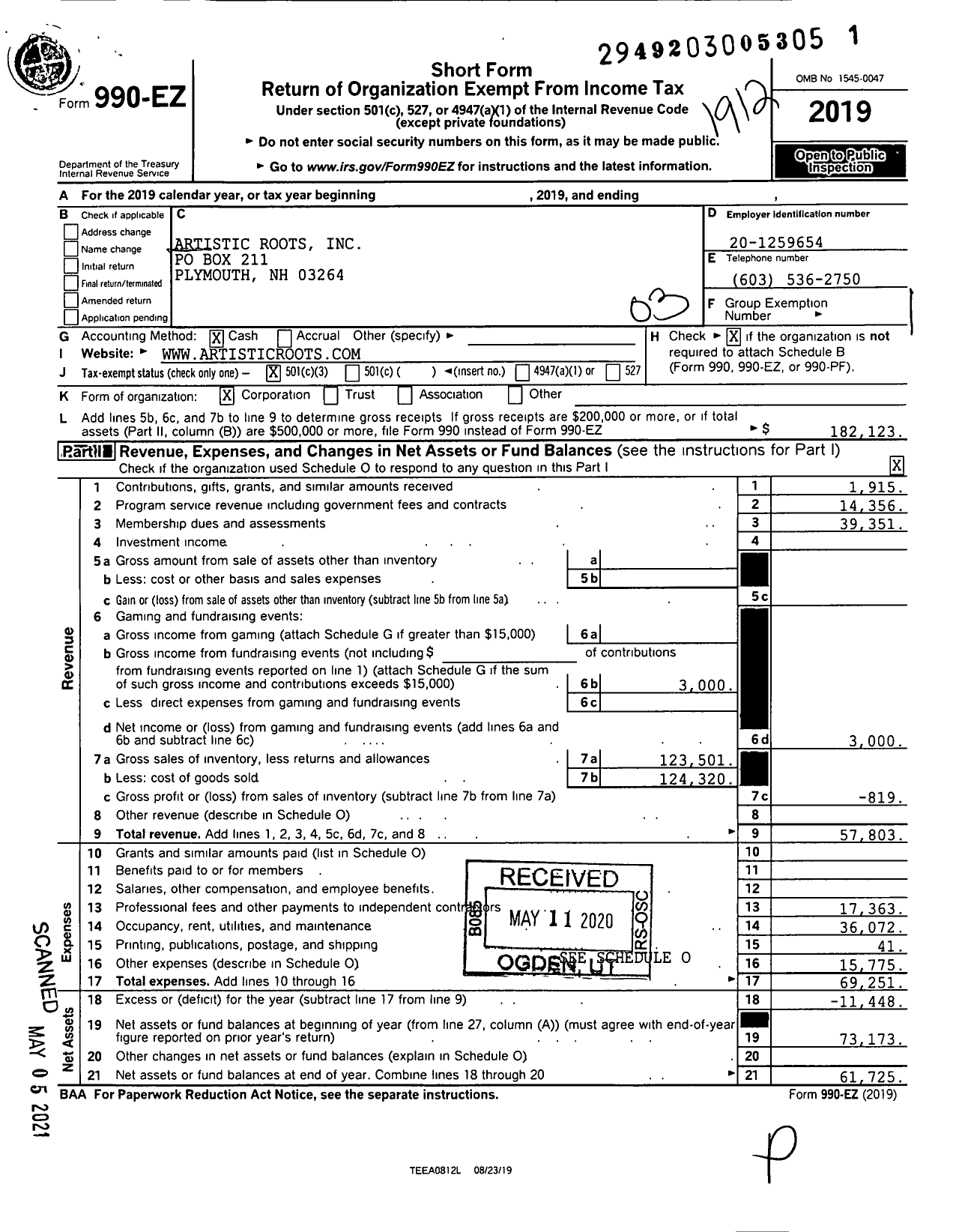 Image of first page of 2019 Form 990EZ for Artistic Roots