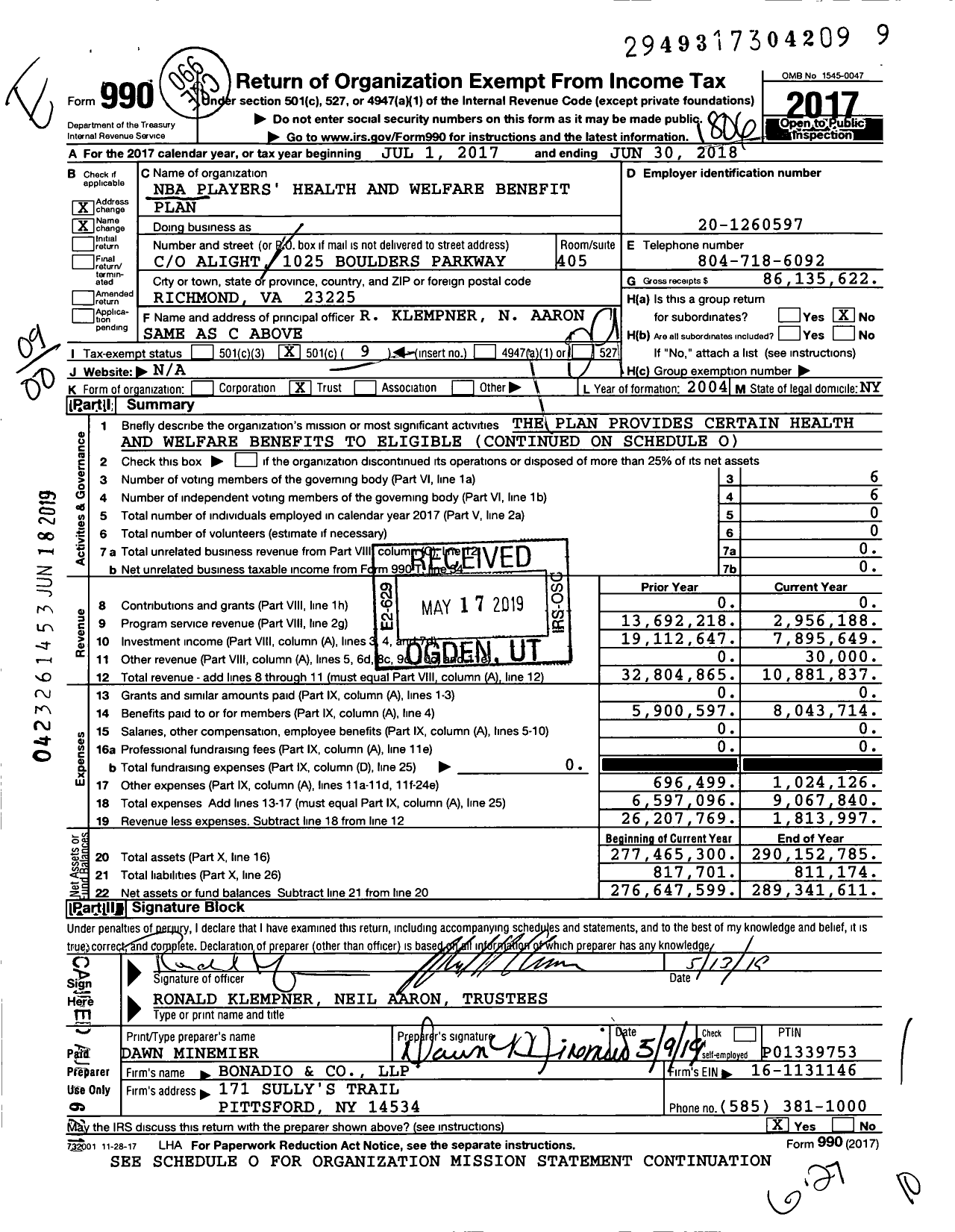 Image of first page of 2017 Form 990O for Nba Players' Health and Welfare Benefit Plan