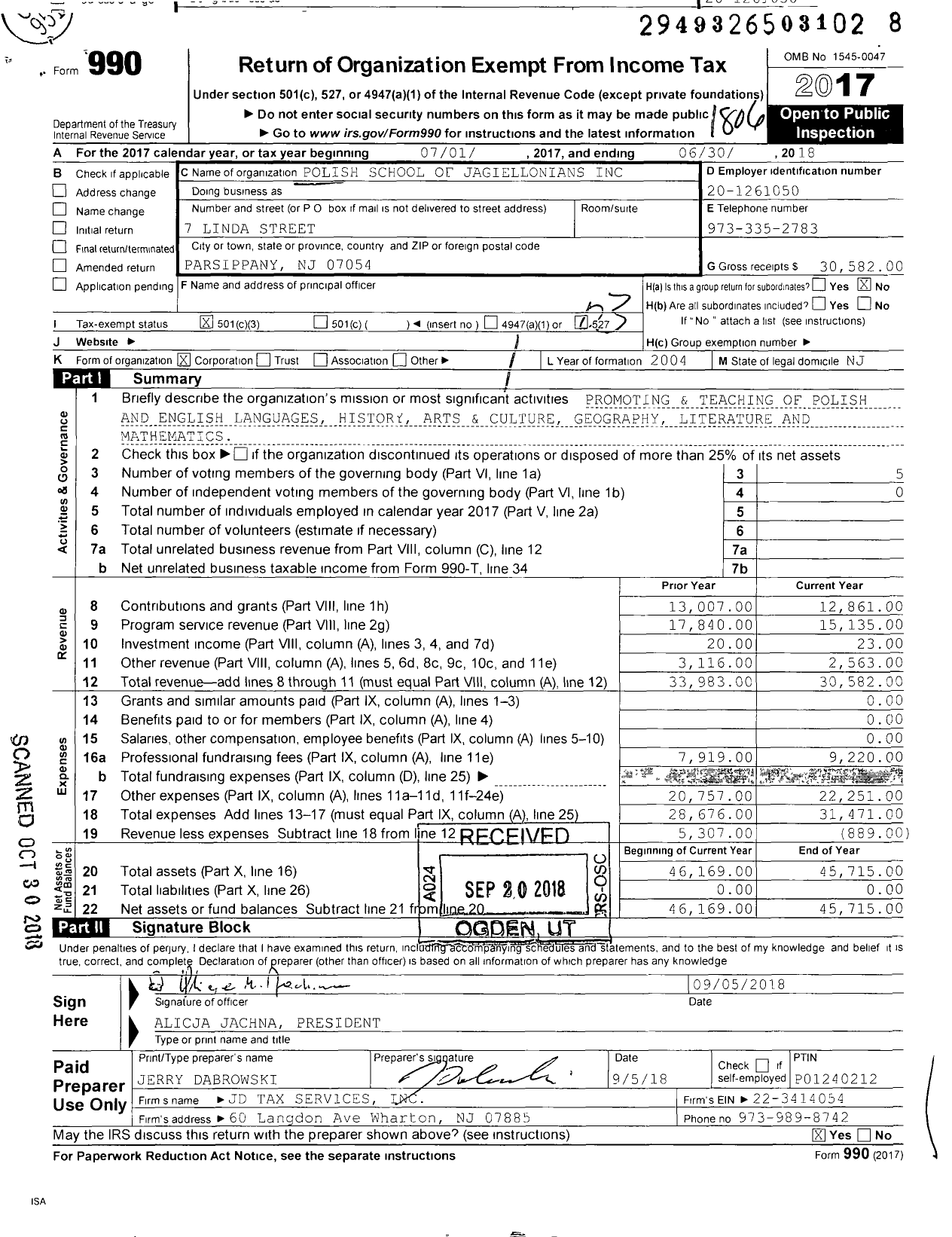 Image of first page of 2017 Form 990 for Polish School of Jagiellonians