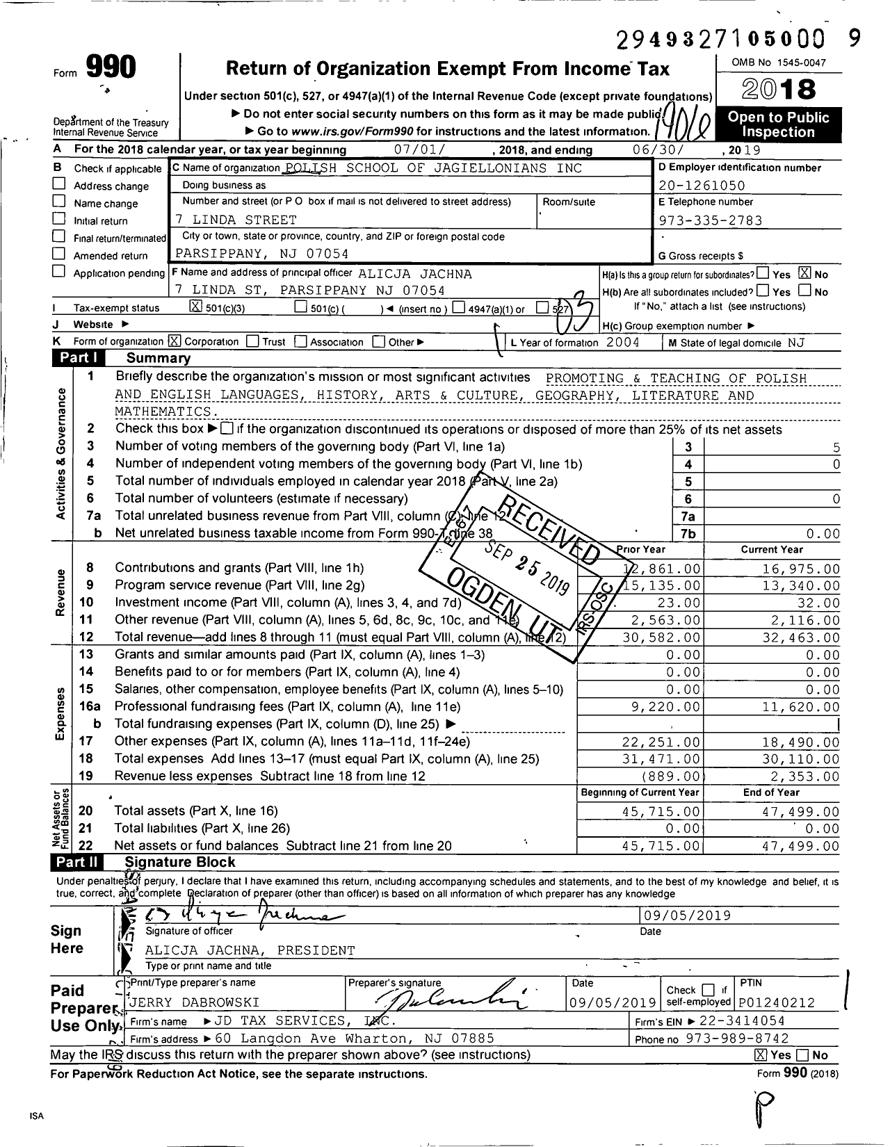 Image of first page of 2018 Form 990 for Polish School of Jagiellonians