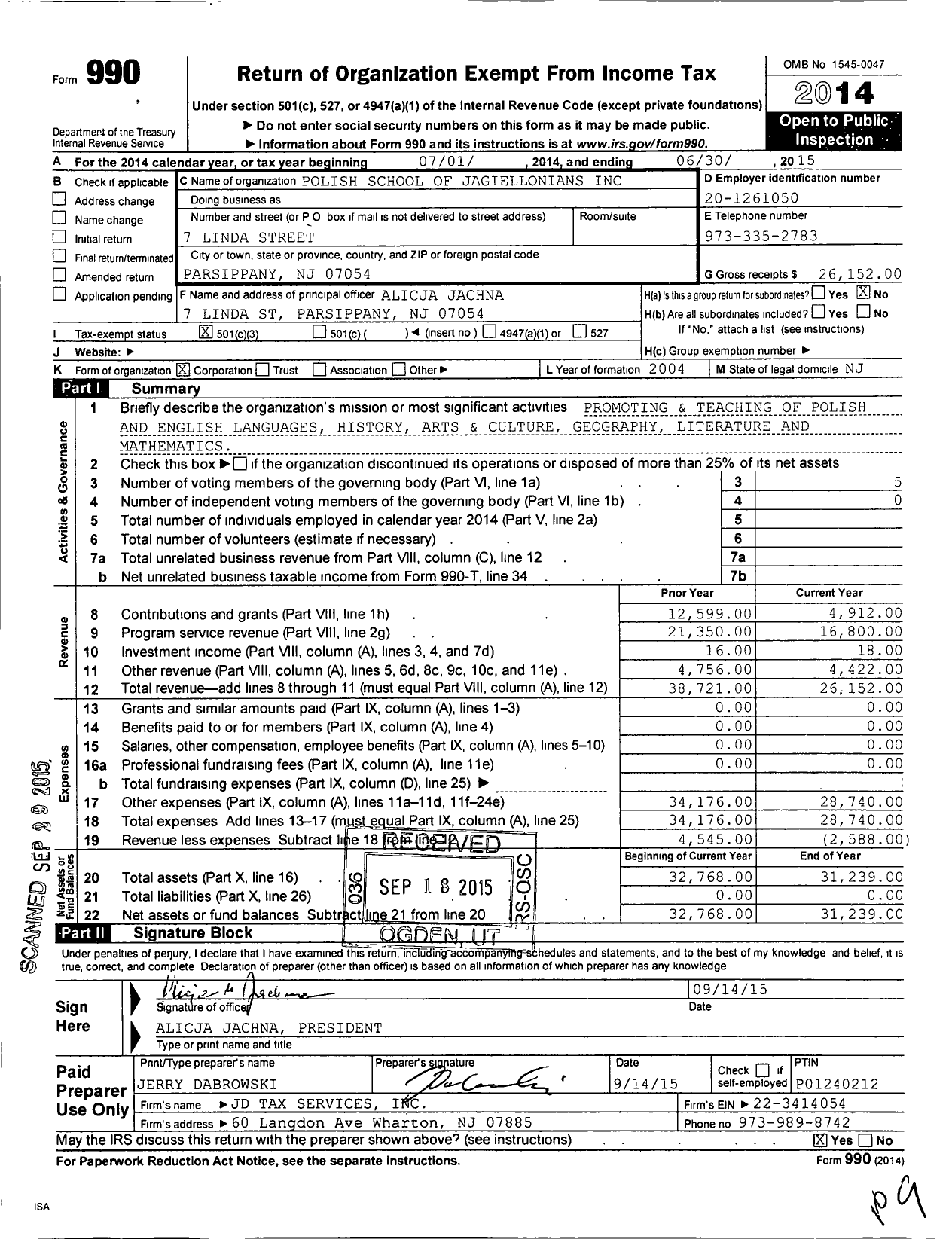 Image of first page of 2014 Form 990 for Polish School of Jagiellonians