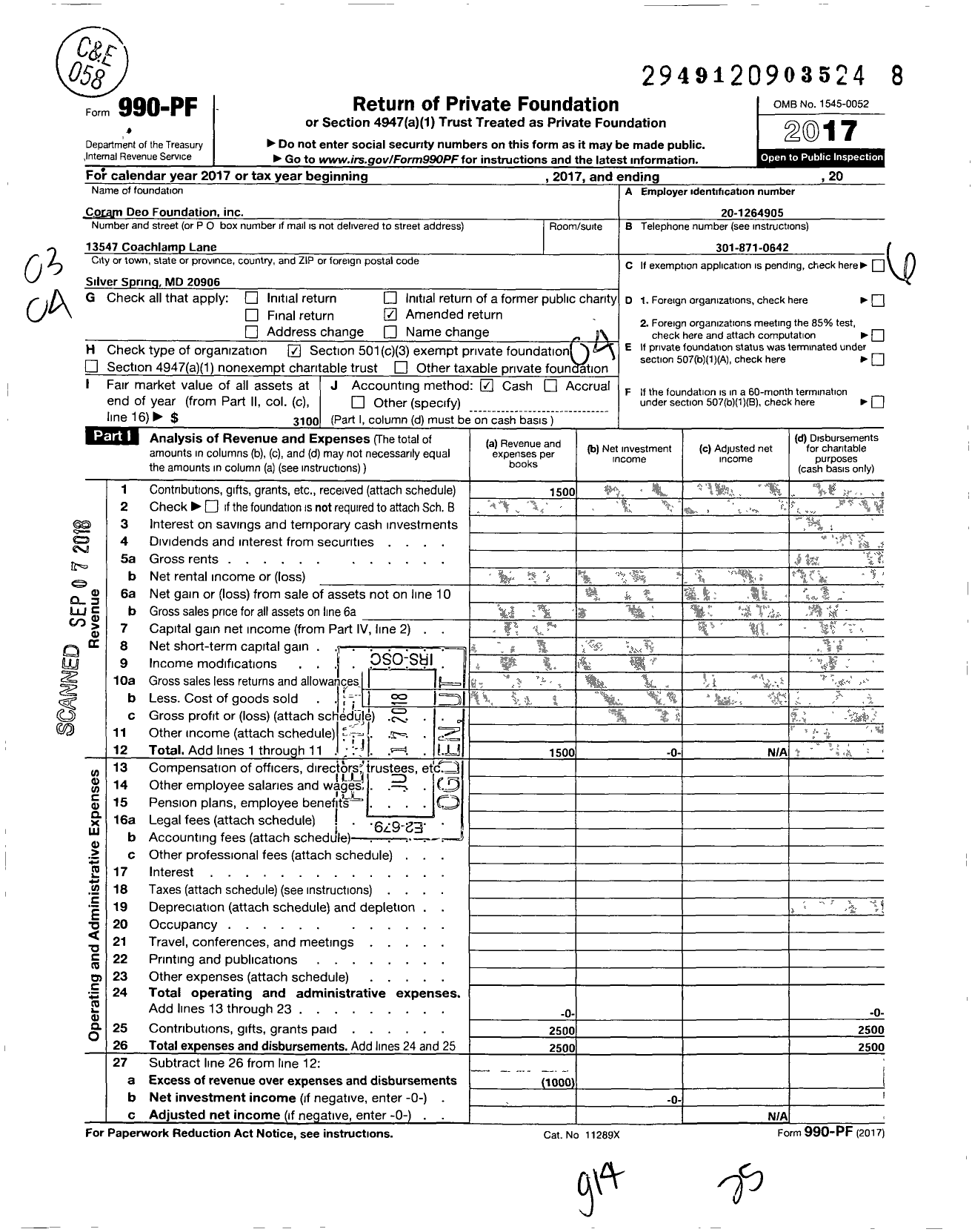 Image of first page of 2017 Form 990PF for Coram Deo Foundation