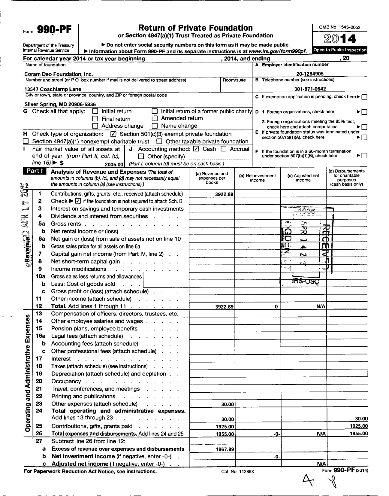 Image of first page of 2014 Form 990PF for Coram Deo Foundation