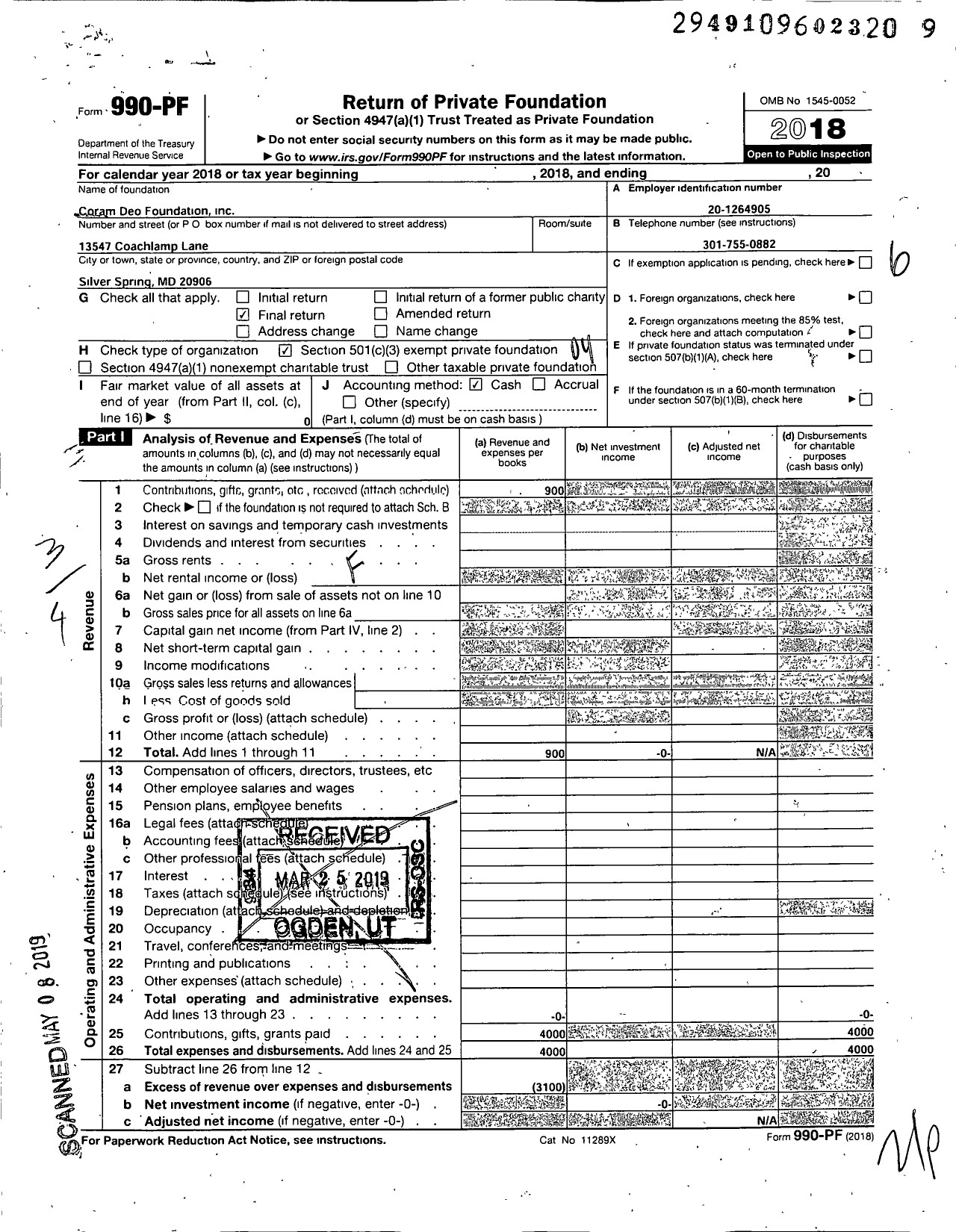 Image of first page of 2018 Form 990PF for Coram Deo Foundation