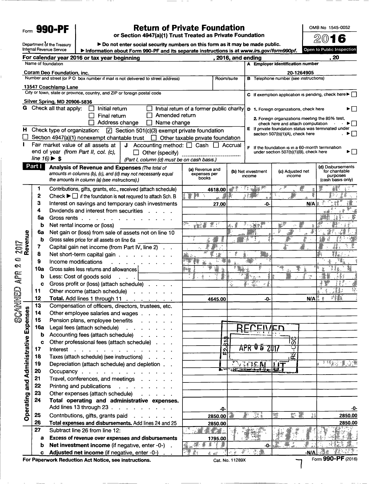 Image of first page of 2016 Form 990PF for Coram Deo Foundation