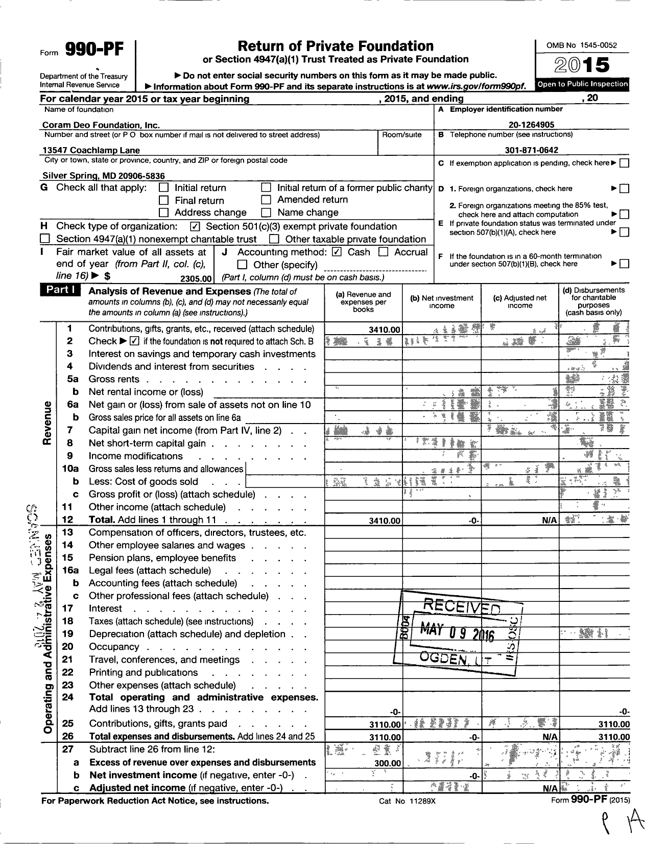 Image of first page of 2015 Form 990PF for Coram Deo Foundation