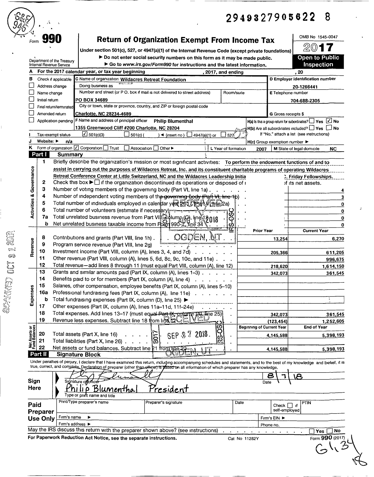 Image of first page of 2017 Form 990 for Wildacres Retreat Foundation