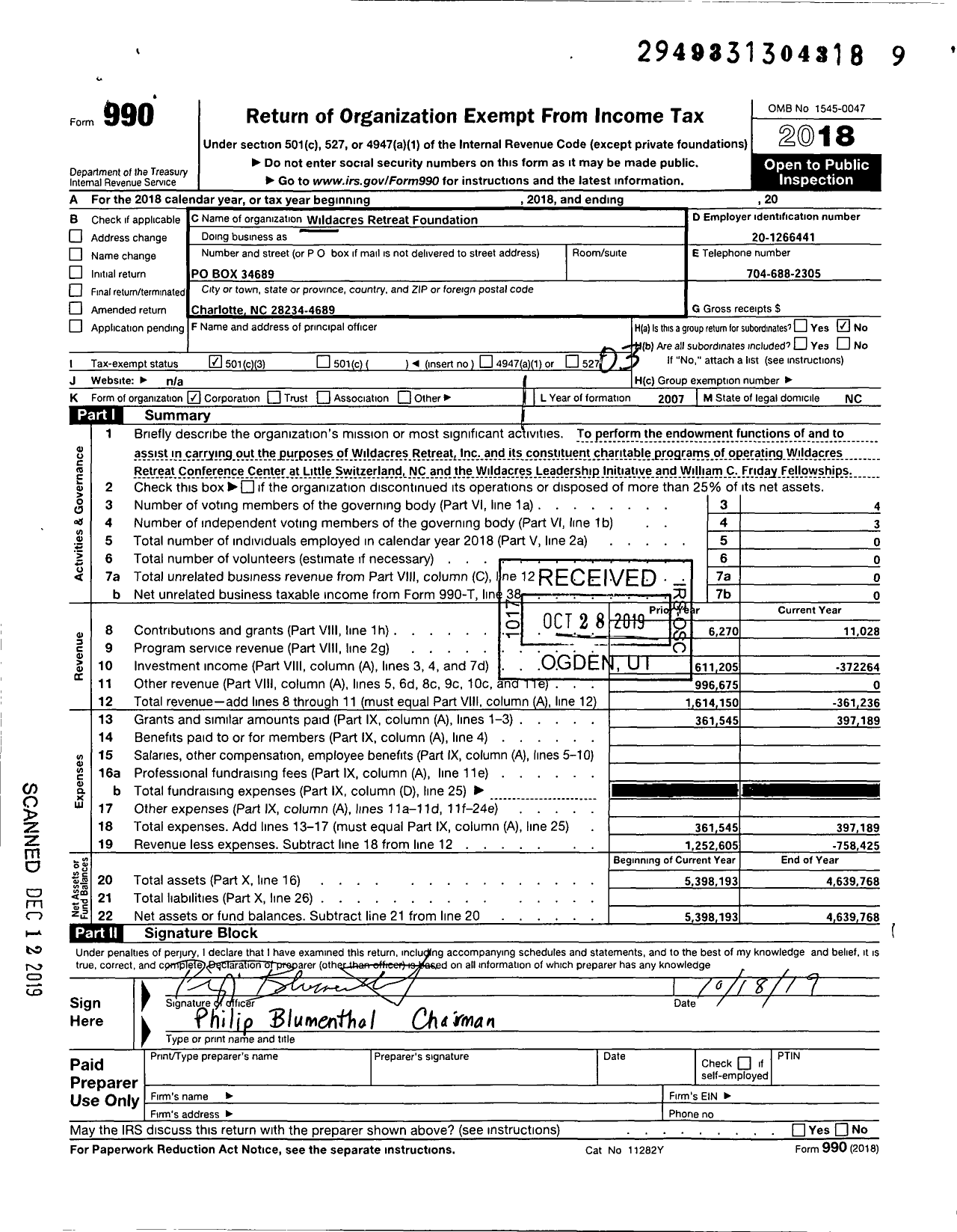 Image of first page of 2018 Form 990 for Wildacres Retreat Foundation