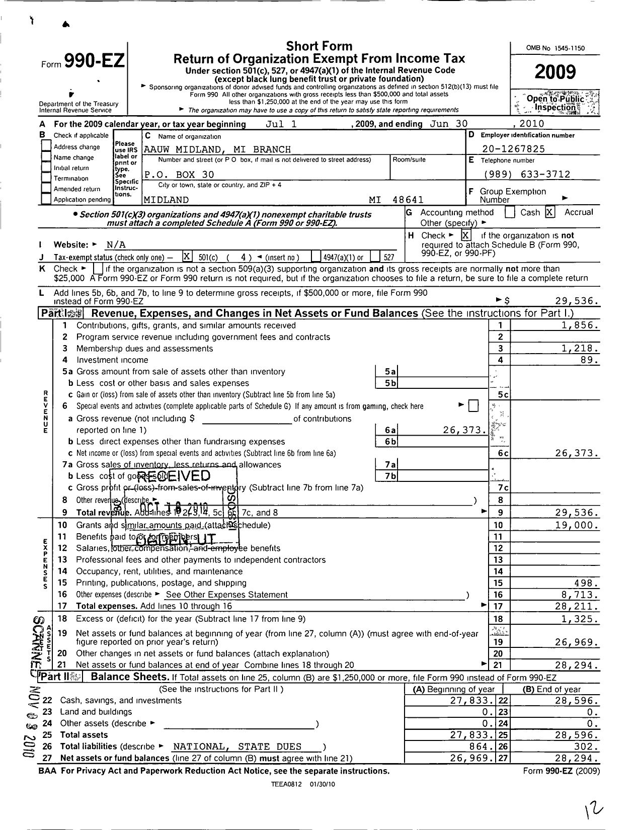 Image of first page of 2009 Form 990EO for American Association of University Women / Midland