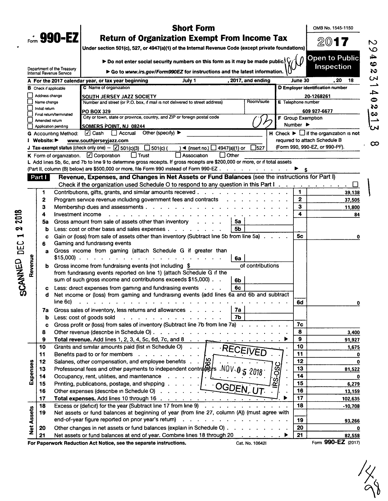 Image of first page of 2017 Form 990EZ for South Jersey Jazz Society