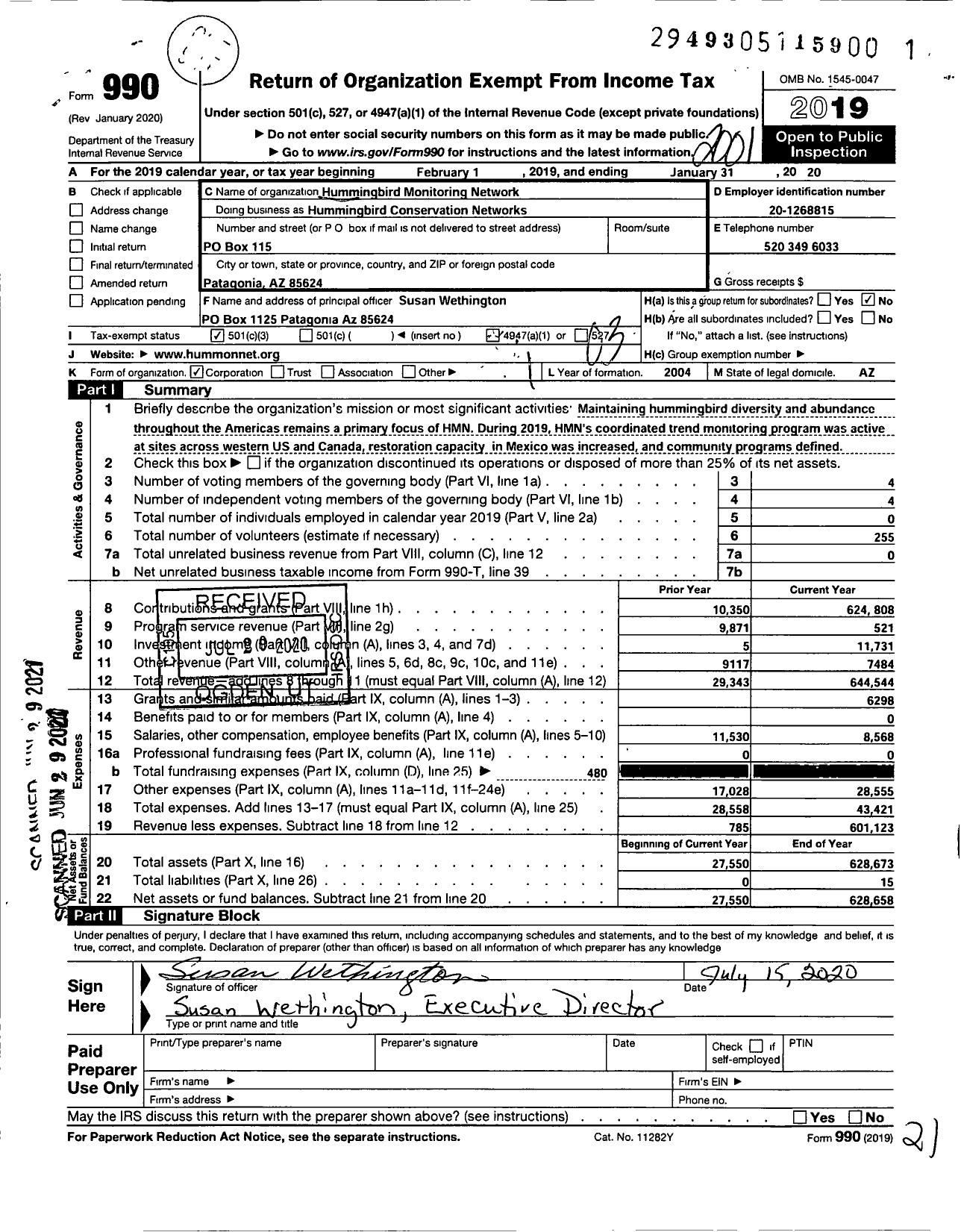 Image of first page of 2019 Form 990 for Hummingbird Conservation Networks