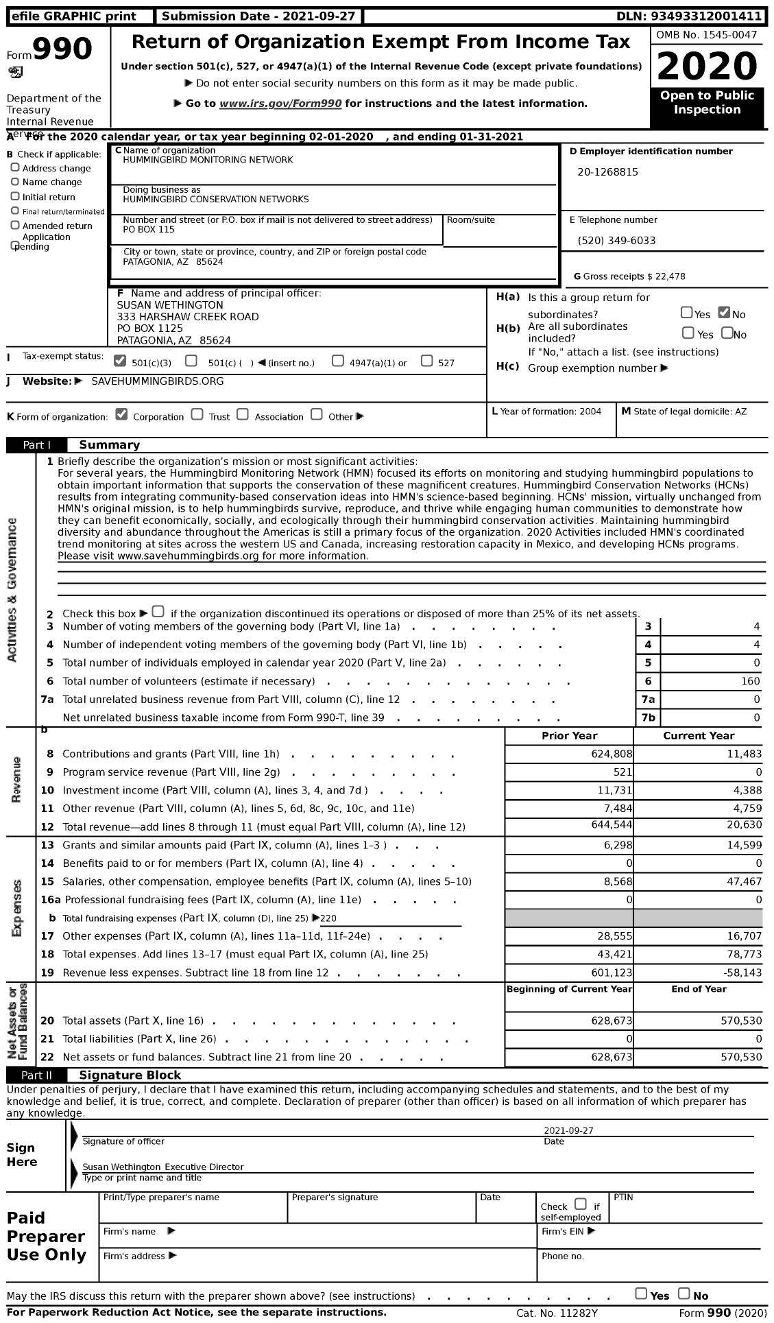 Image of first page of 2020 Form 990 for Hummingbird Conservation Networks