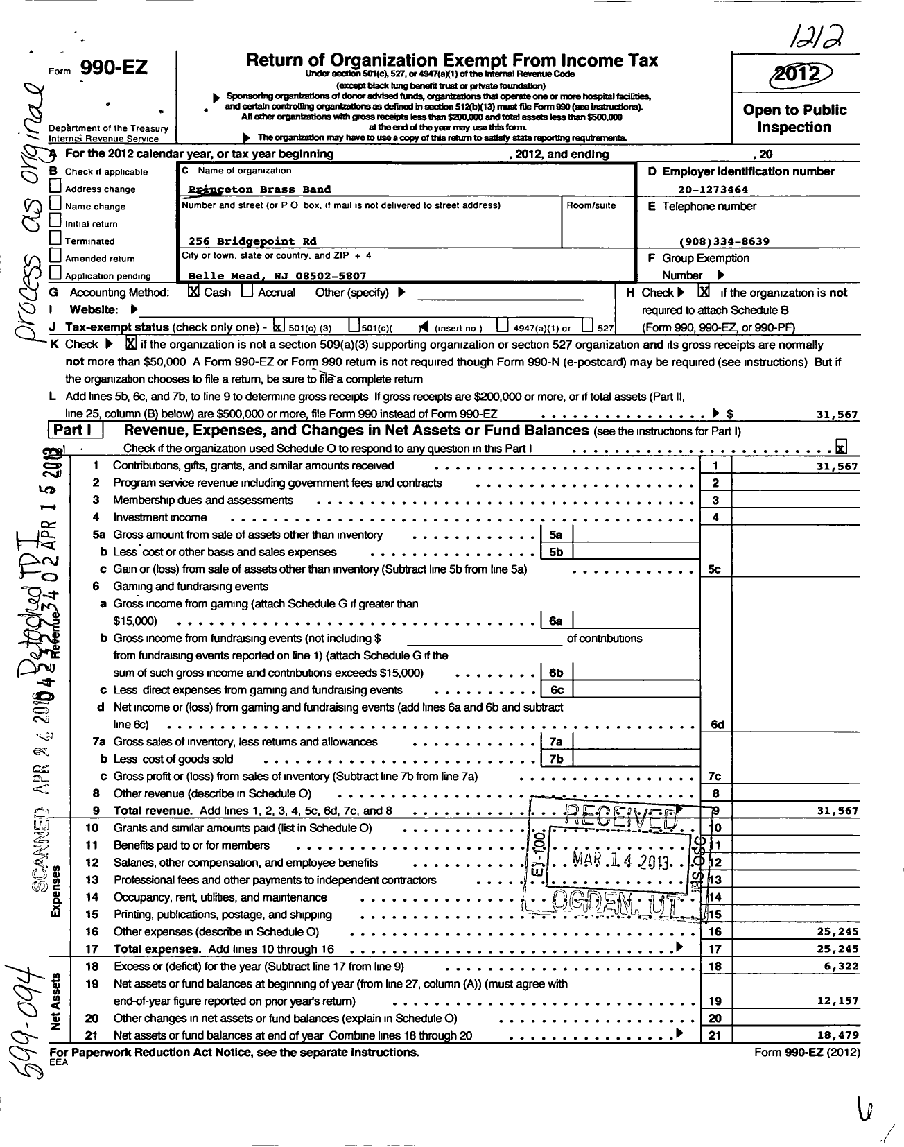 Image of first page of 2012 Form 990EZ for Princeton Brass Band