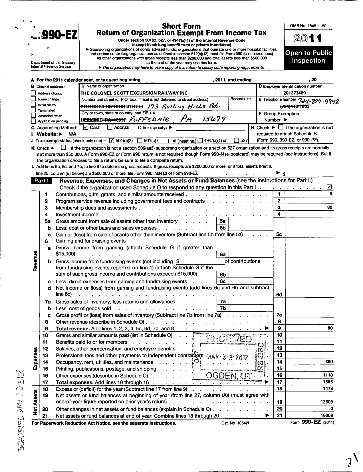 Image of first page of 2011 Form 990EZ for Colonel Scott Excursion Railway