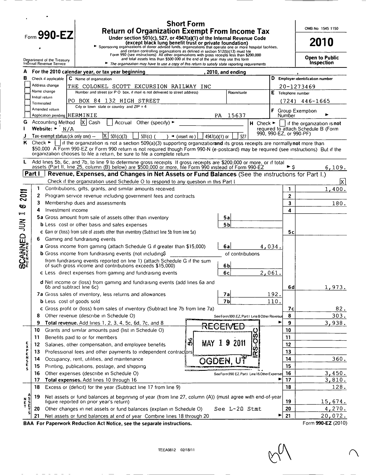 Image of first page of 2010 Form 990EZ for Colonel Scott Excursion Railway