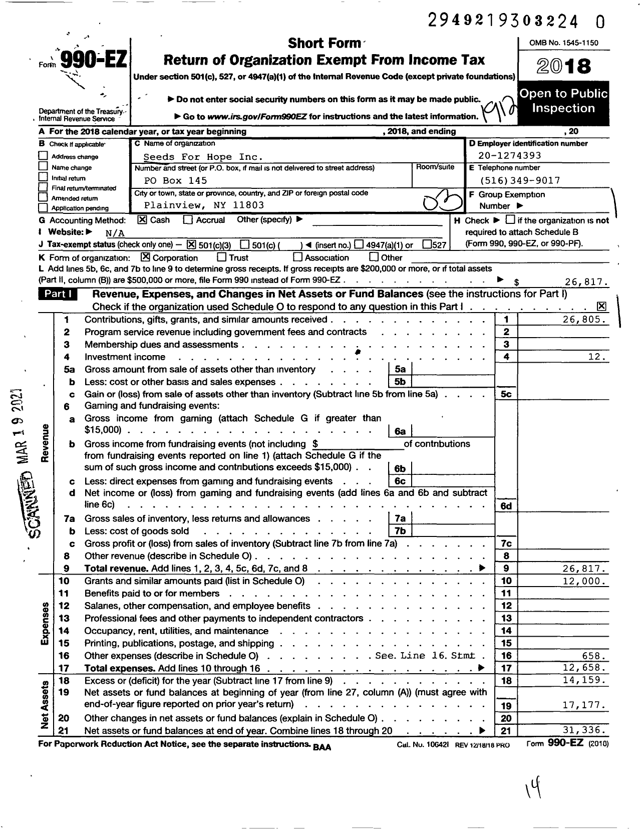 Image of first page of 2019 Form 990EZ for Seeds For Hope