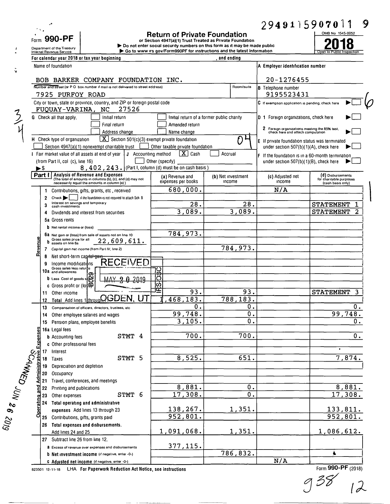 Image of first page of 2018 Form 990PF for Bob Barker Foundation