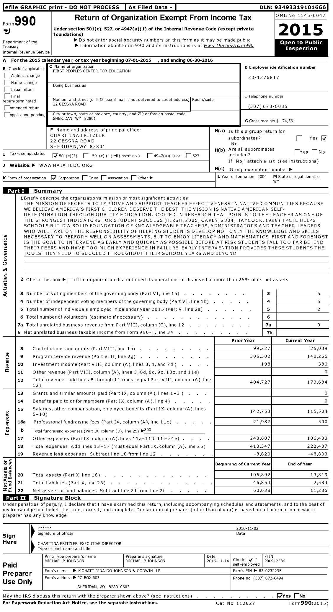 Image of first page of 2015 Form 990 for First Peoples Center for Education