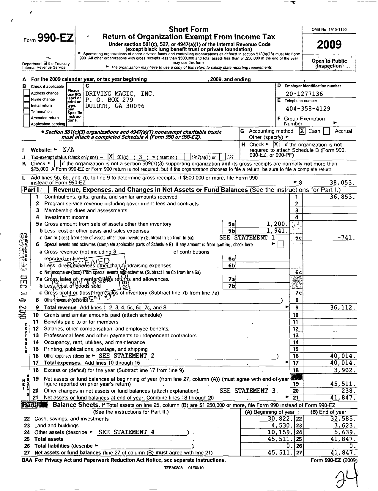 Image of first page of 2009 Form 990EZ for Driving Magic