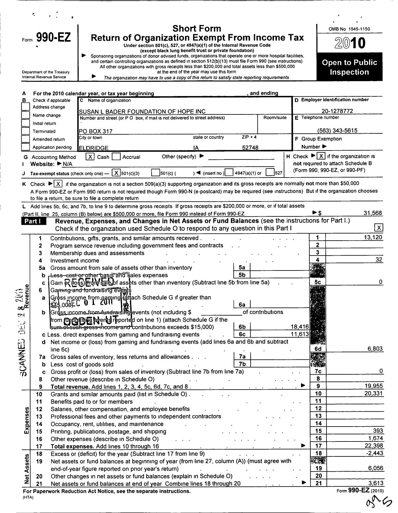 Image of first page of 2010 Form 990EZ for Susan L Bader Foundation of Hope