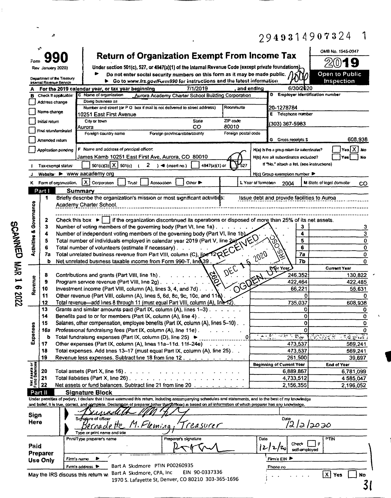 Image of first page of 2019 Form 990O for Aurora Academy Building Corporation