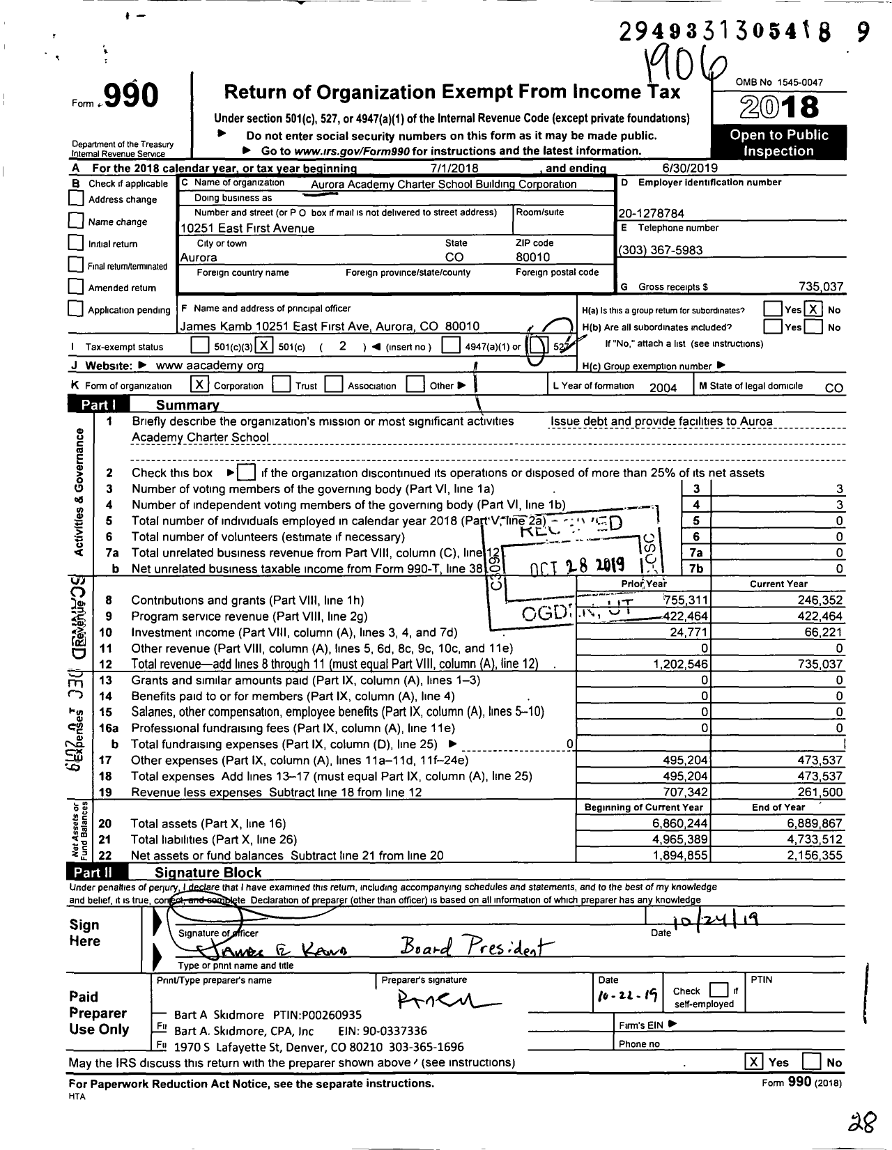 Image of first page of 2018 Form 990O for Aurora Academy Building Corporation