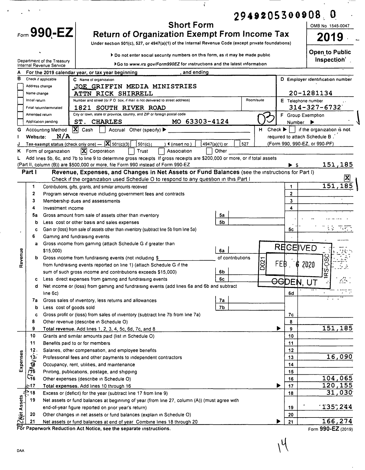 Image of first page of 2019 Form 990EZ for Joe Griffin Media Ministries Attn Rick Shirrell