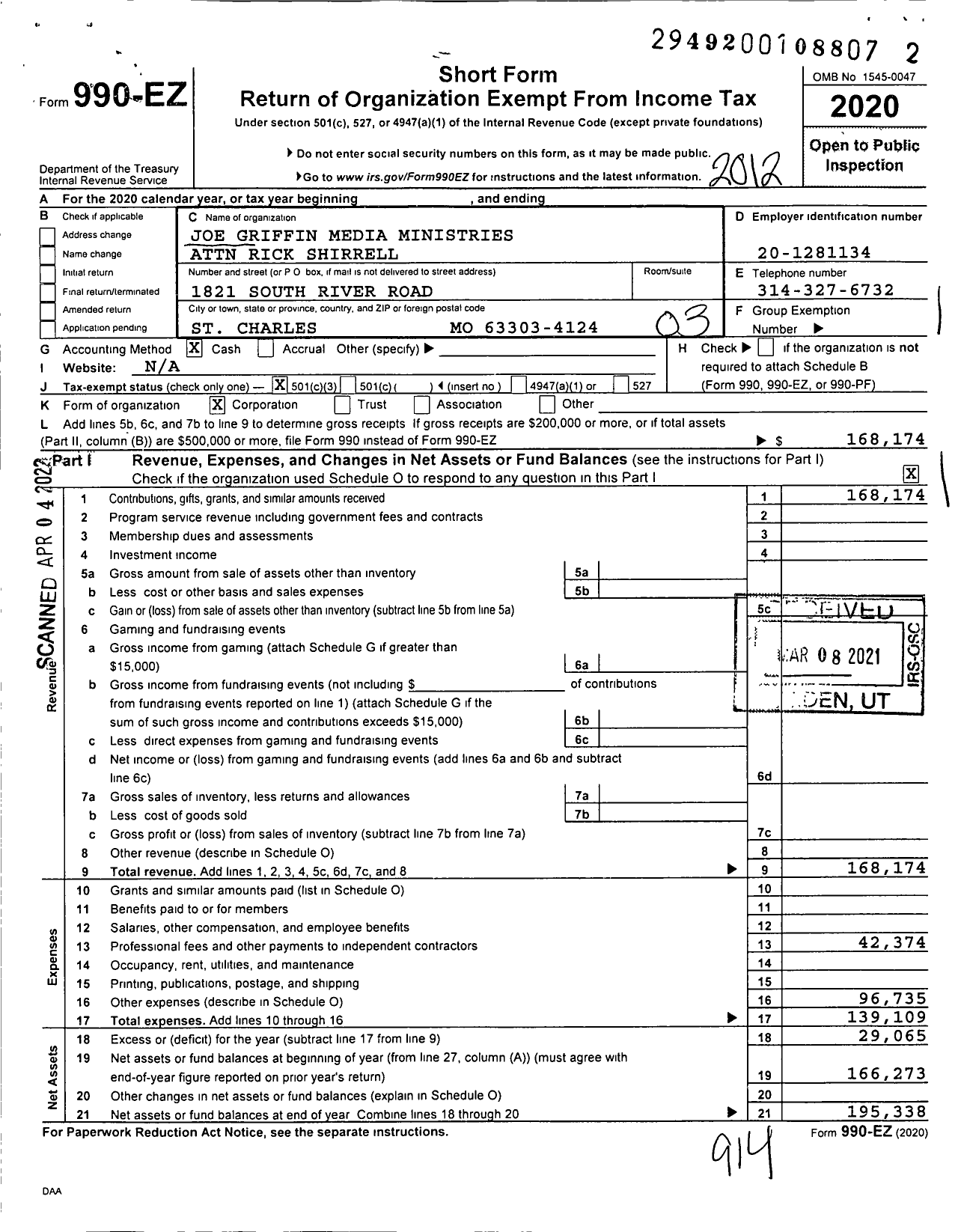 Image of first page of 2020 Form 990EZ for Joe Griffin Media Ministries Attn Rick Shirrell