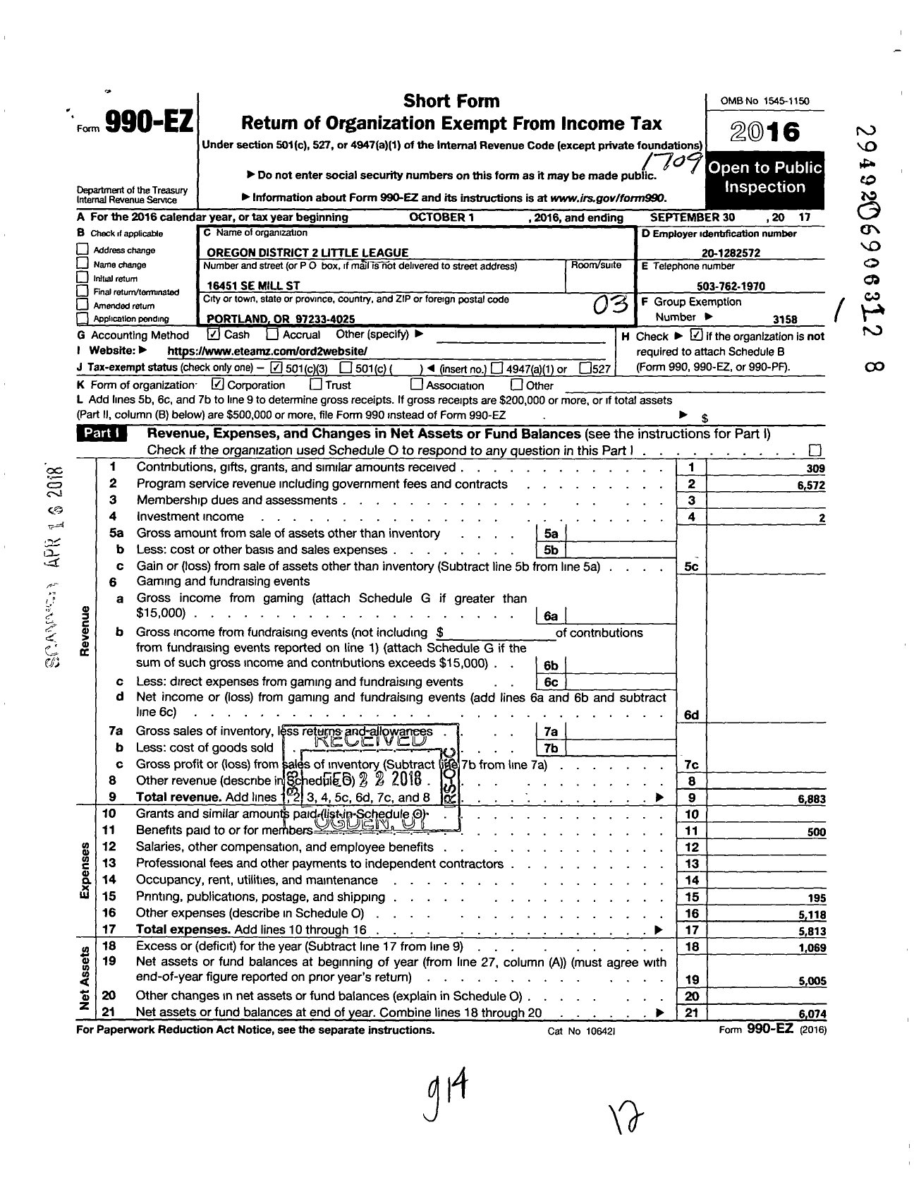 Image of first page of 2016 Form 990EZ for Little League Baseball - 4370200 Georgia Herr