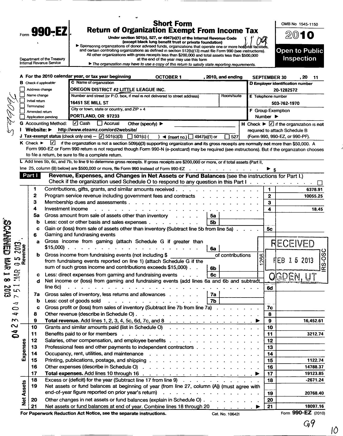 Image of first page of 2010 Form 990EZ for Little League Baseball - 4370200 Georgia Herr