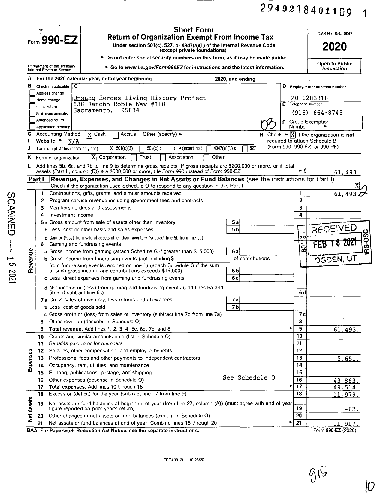 Image of first page of 2020 Form 990EZ for Unsung Heroes Living History Project