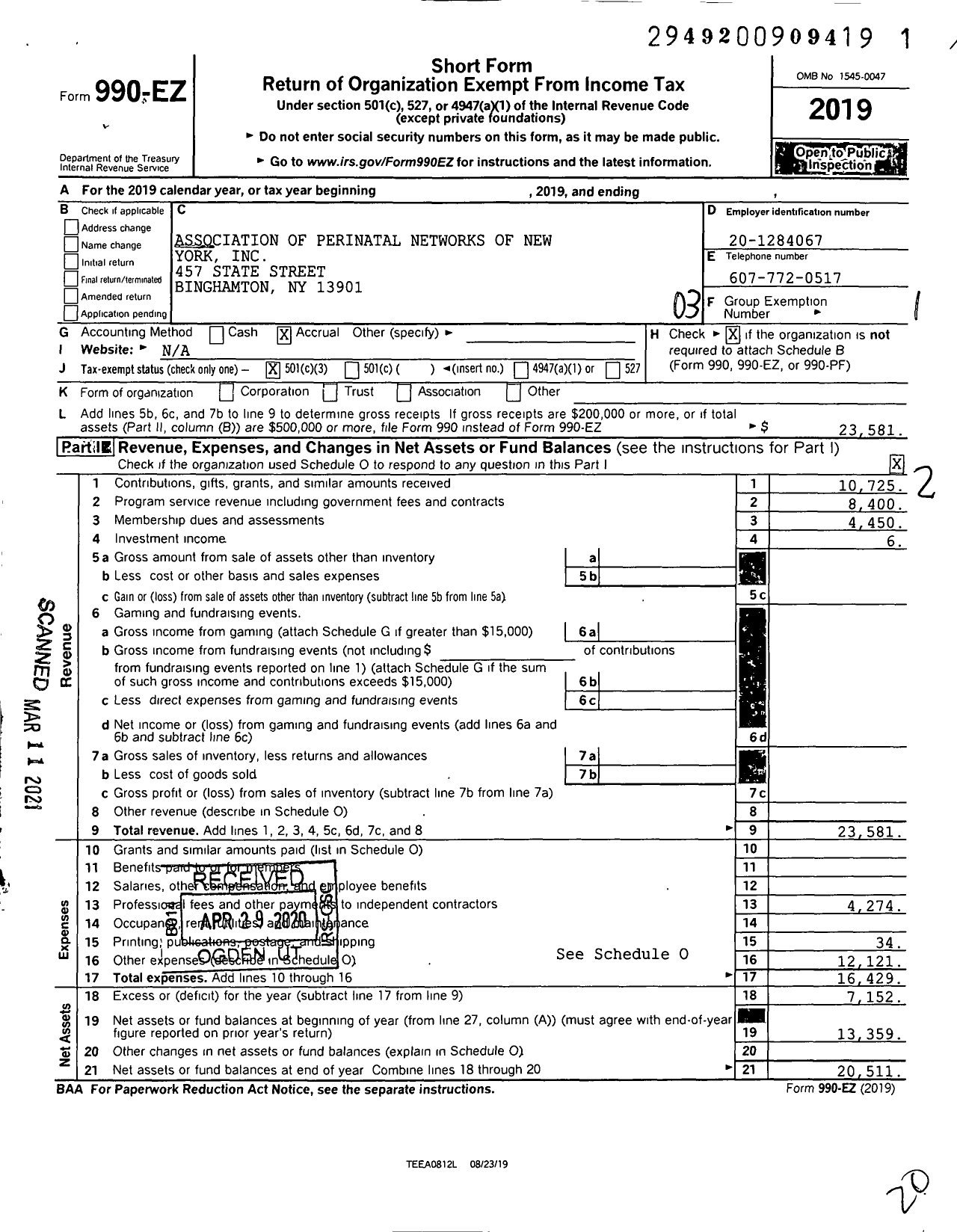 Image of first page of 2019 Form 990EZ for Association of Perinatal Networks of New York