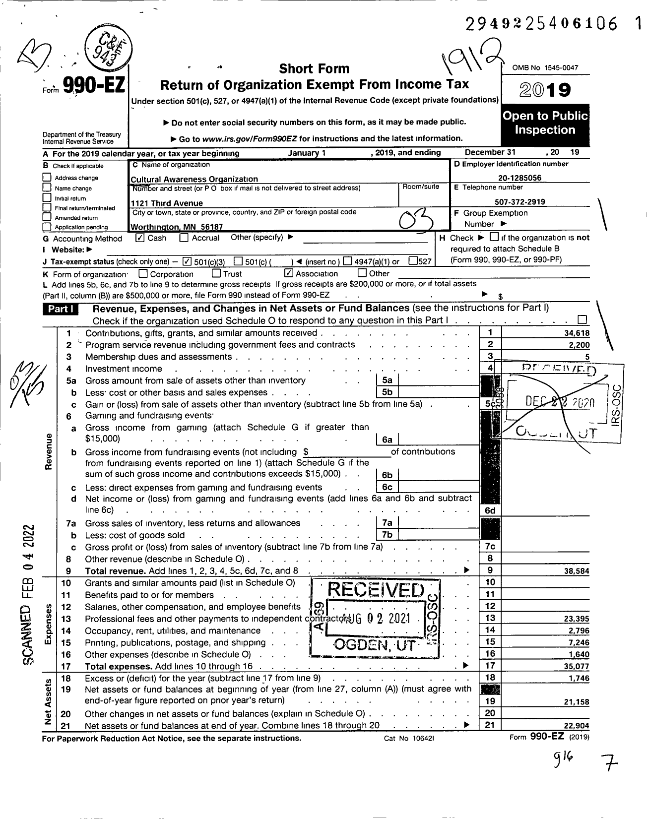 Image of first page of 2019 Form 990EZ for Cultural Awareness Organization