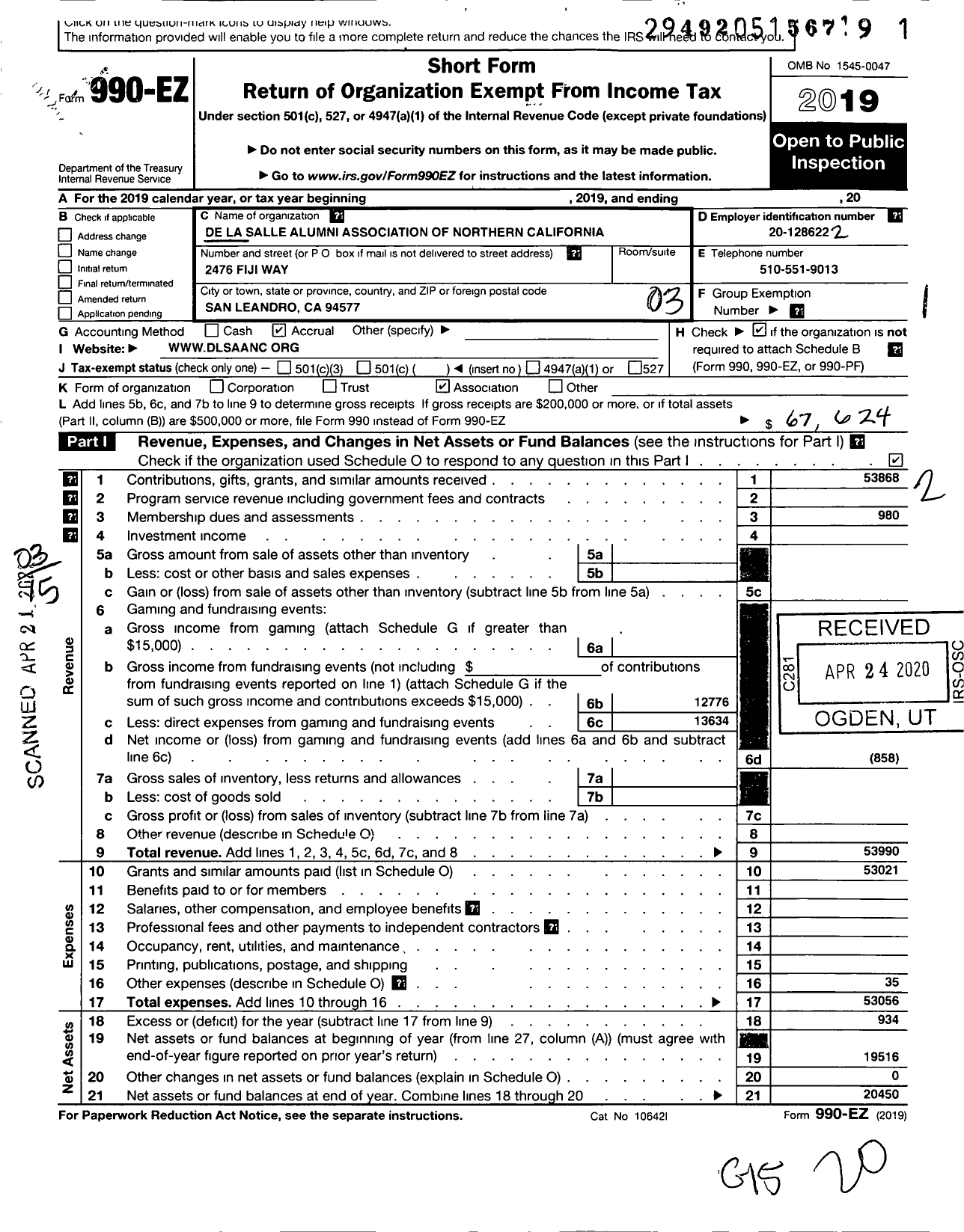 Image of first page of 2019 Form 990EZ for De La Salle Alumni Association of Northern California