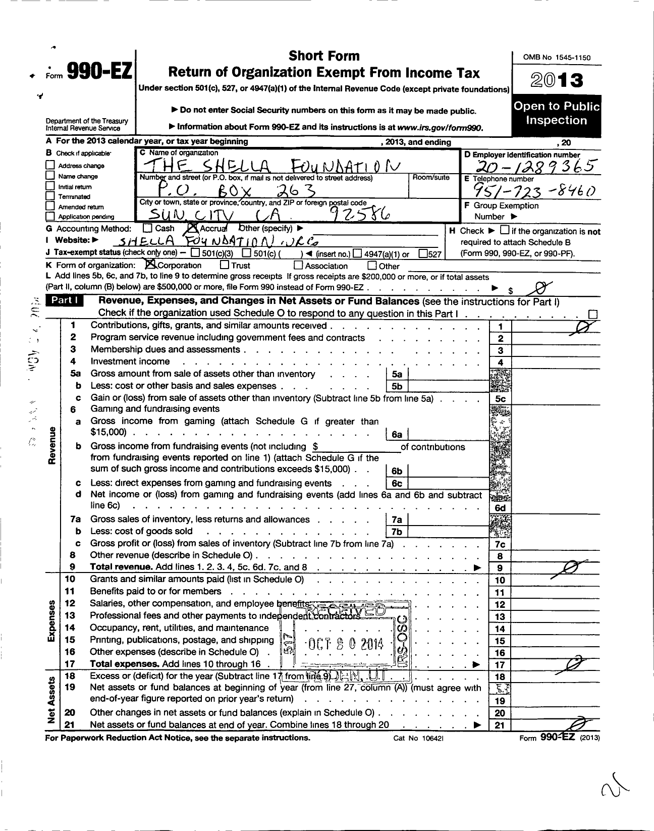 Image of first page of 2013 Form 990EO for The Shella Foundation