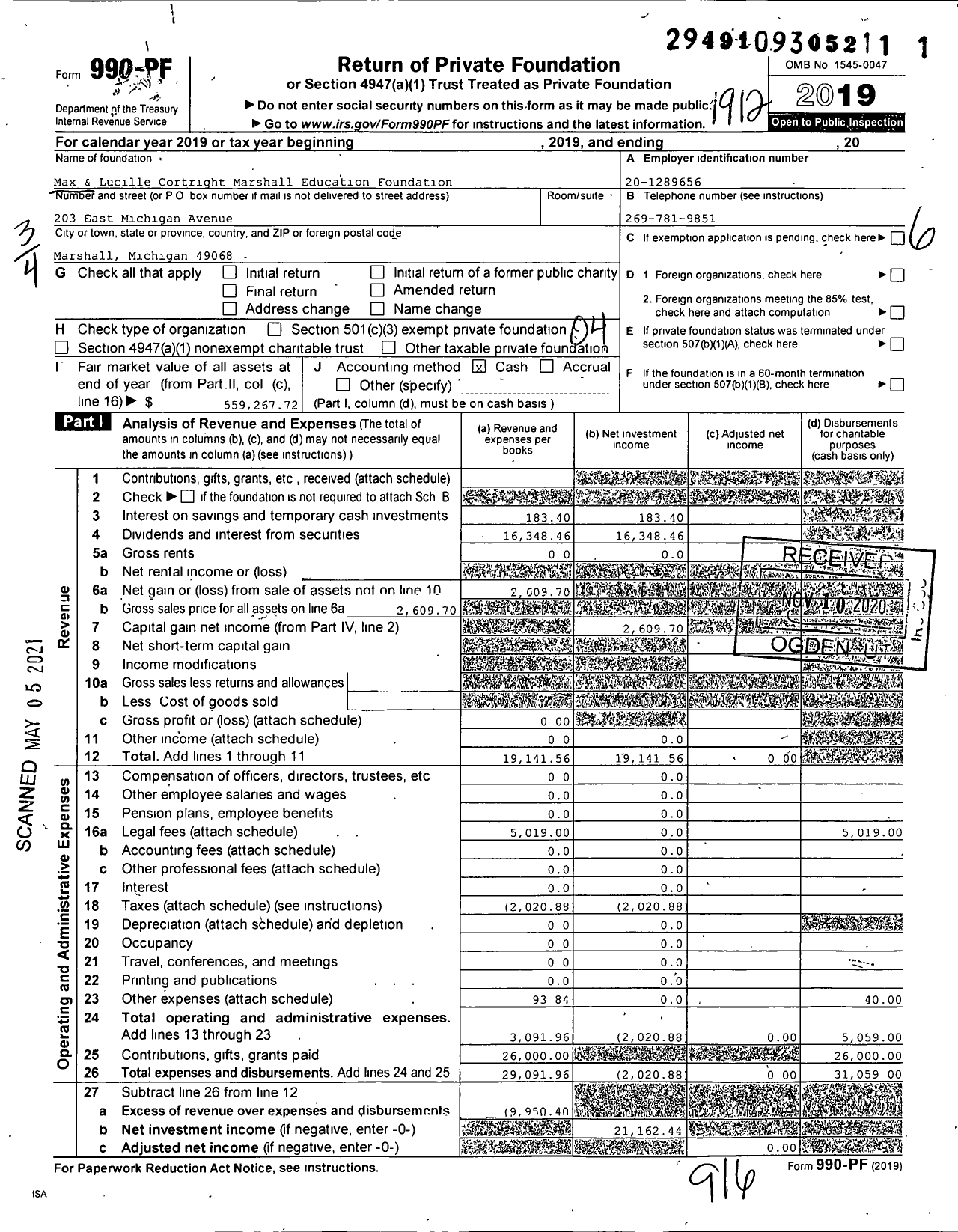 Image of first page of 2019 Form 990PF for Max & Lucille Cortright Marshall Education Foundation