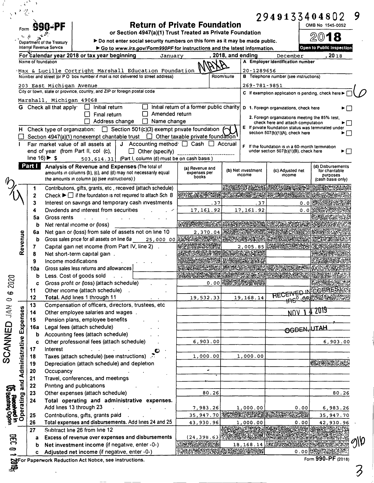 Image of first page of 2018 Form 990PF for Max & Lucille Cortright Marshall Education Foundation