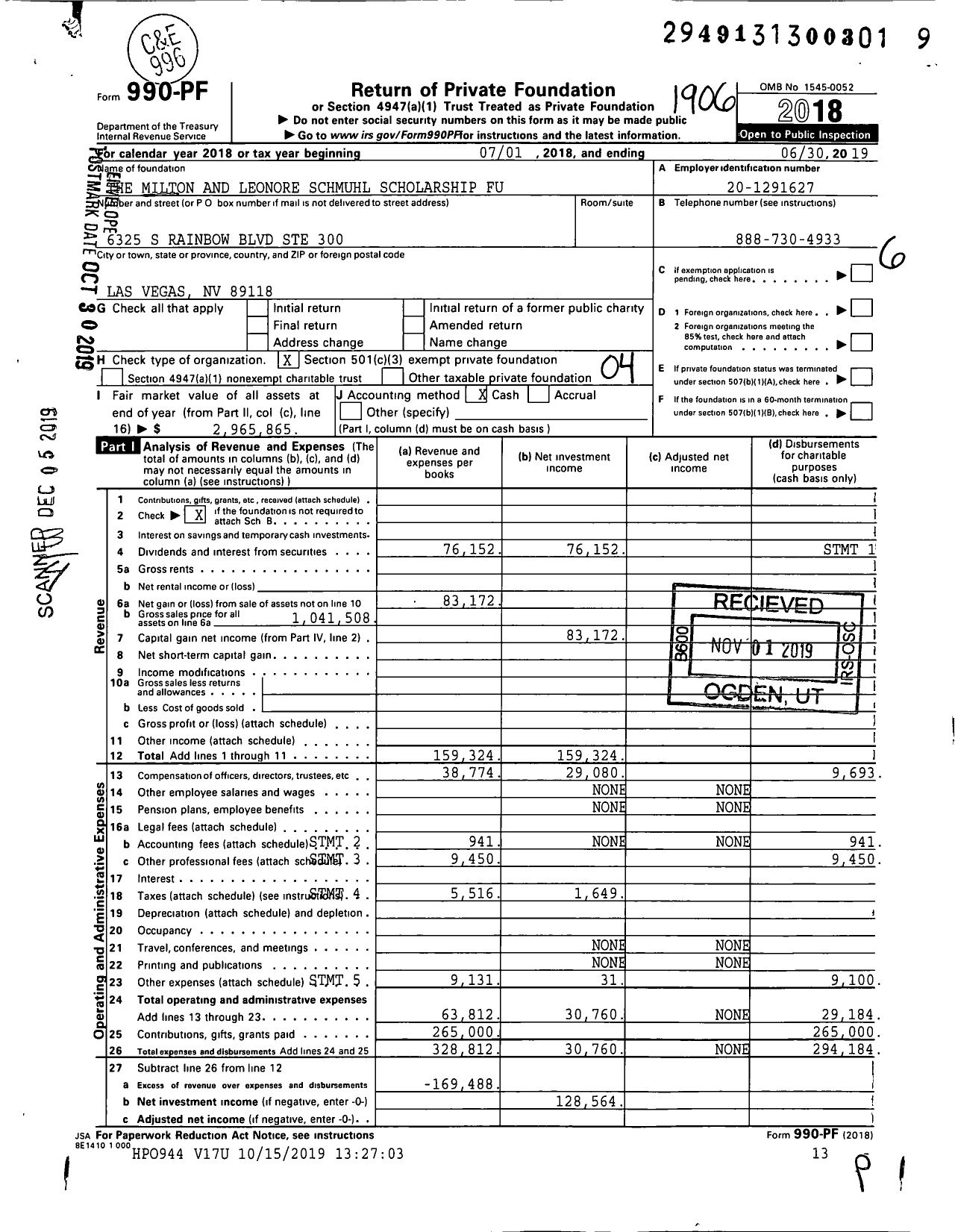 Image of first page of 2018 Form 990PF for The Milton and Leonore Schmuhl Scholarship Fund