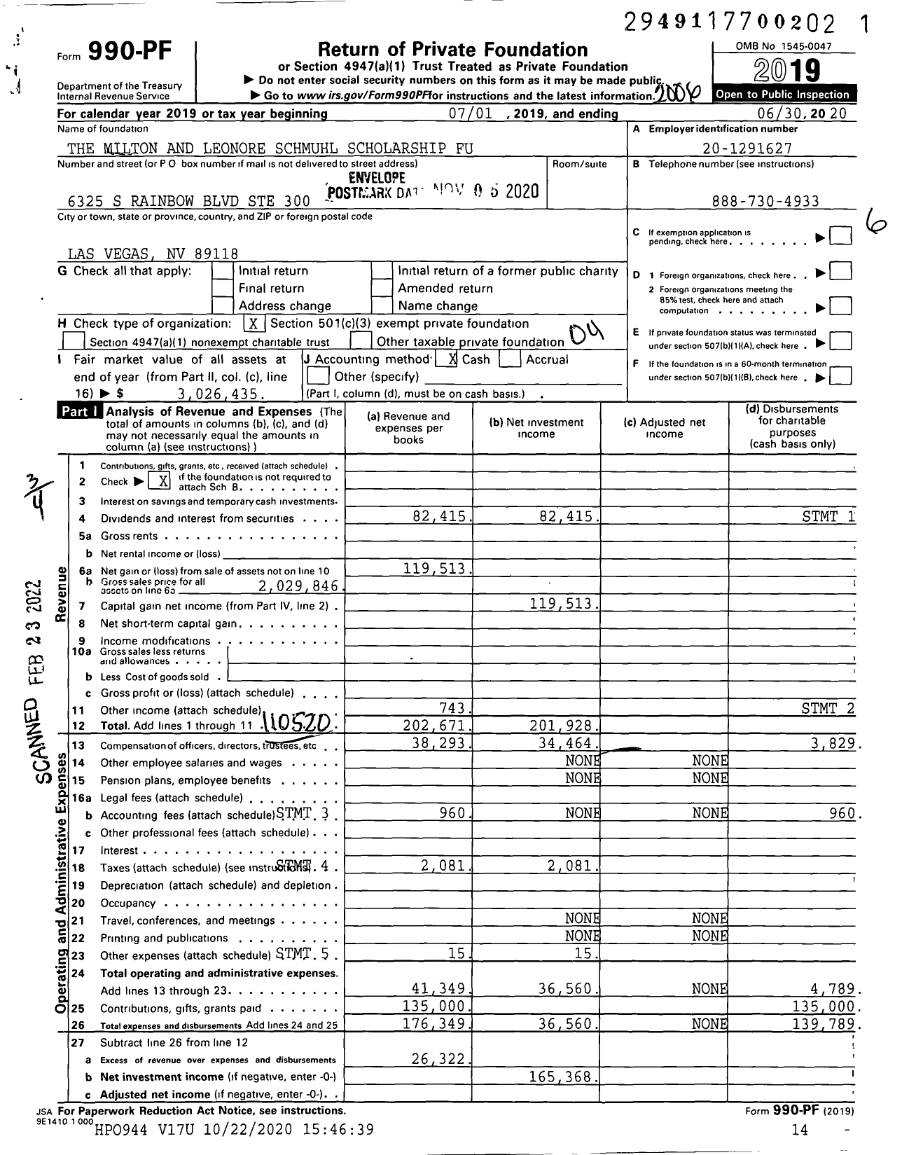 Image of first page of 2019 Form 990PF for The Milton and Leonore Schmuhl Scholarship Fund