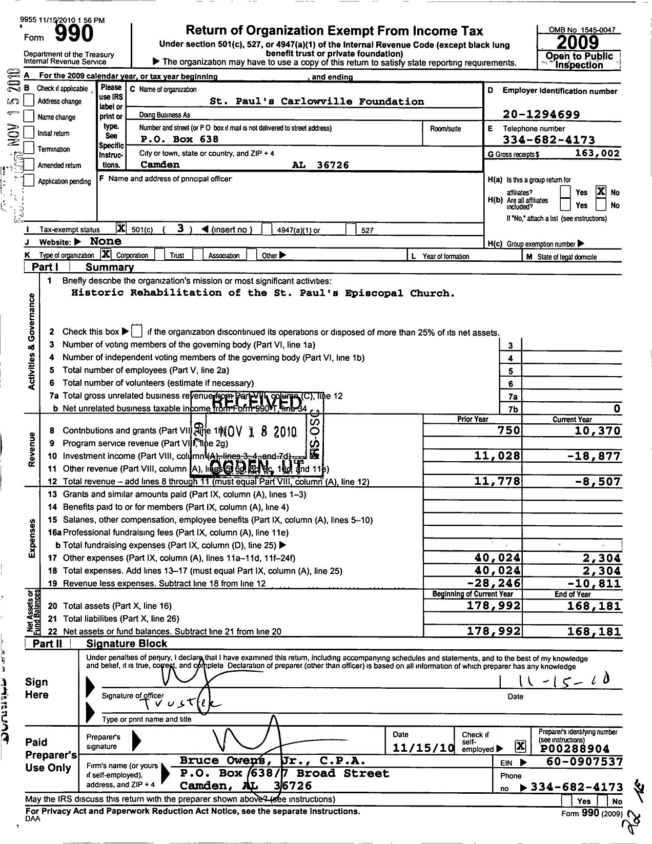 Image of first page of 2009 Form 990 for St Pauls Carlowville Foundation