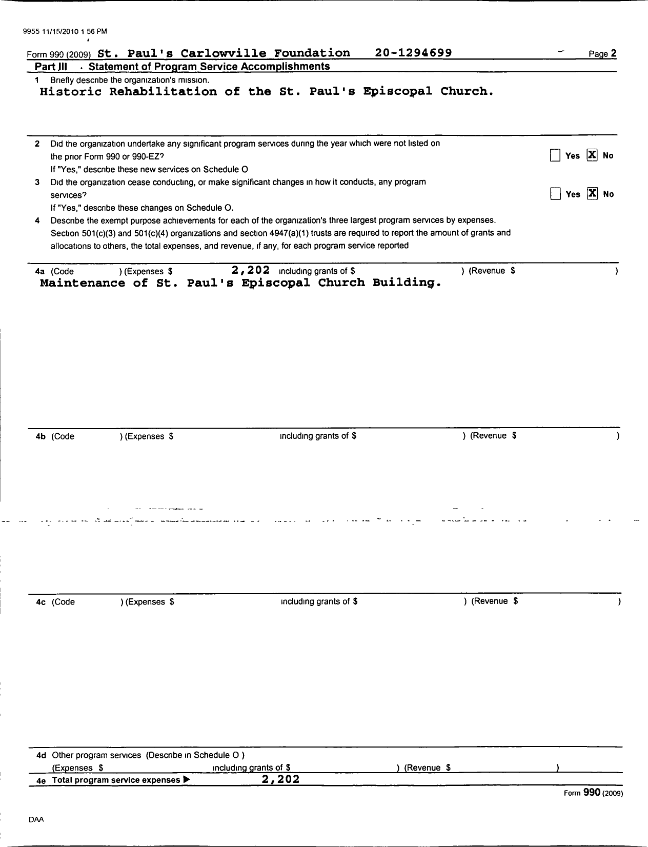 Image of first page of 2009 Form 990R for St Pauls Carlowville Foundation