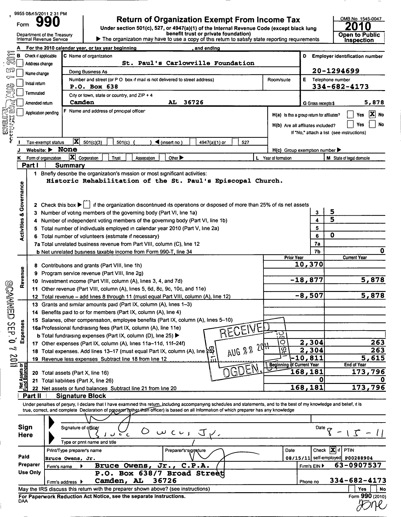 Image of first page of 2010 Form 990 for St Pauls Carlowville Foundation