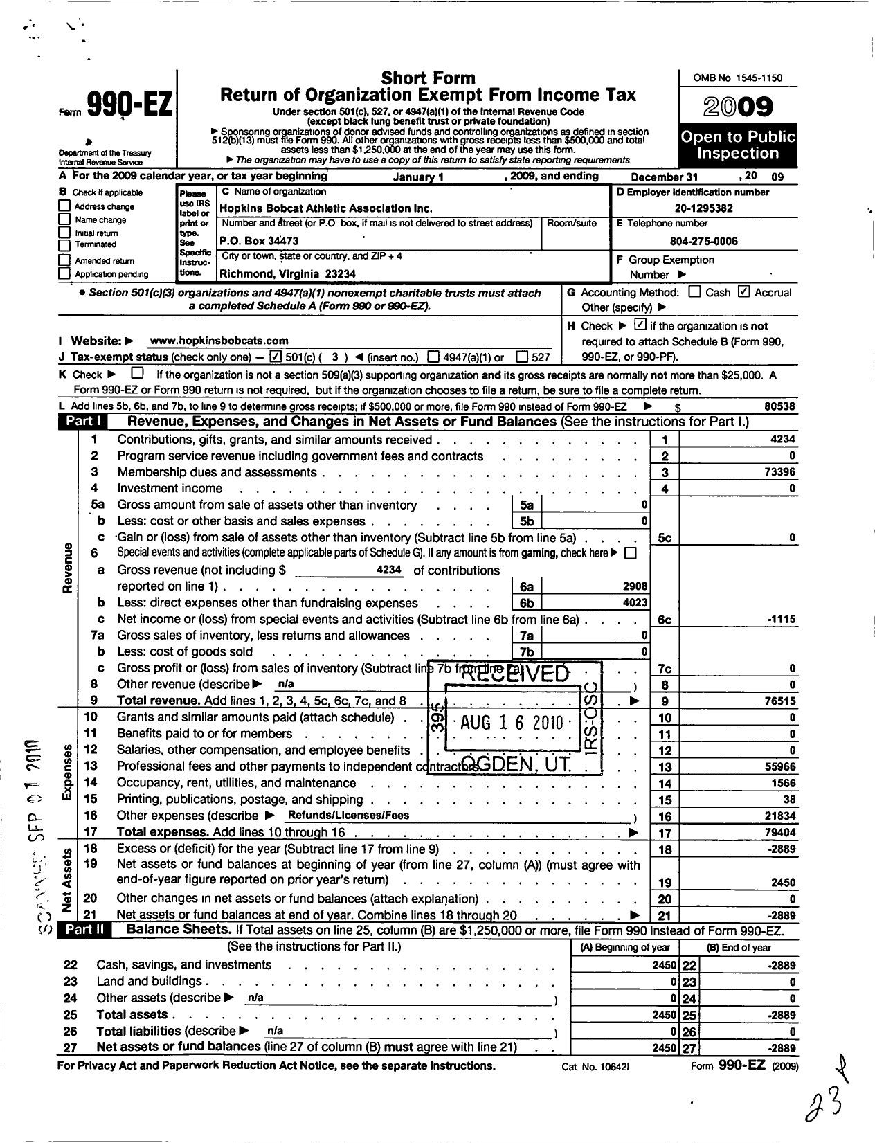 Image of first page of 2009 Form 990EZ for Hopkins Bobcats Athletic Association