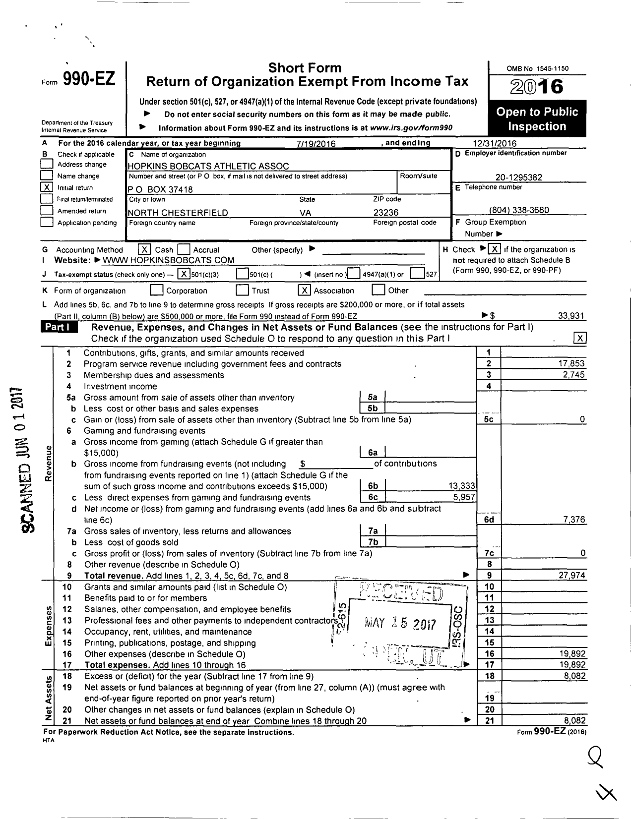 Image of first page of 2016 Form 990EZ for Hopkins Bobcats Athletic Association