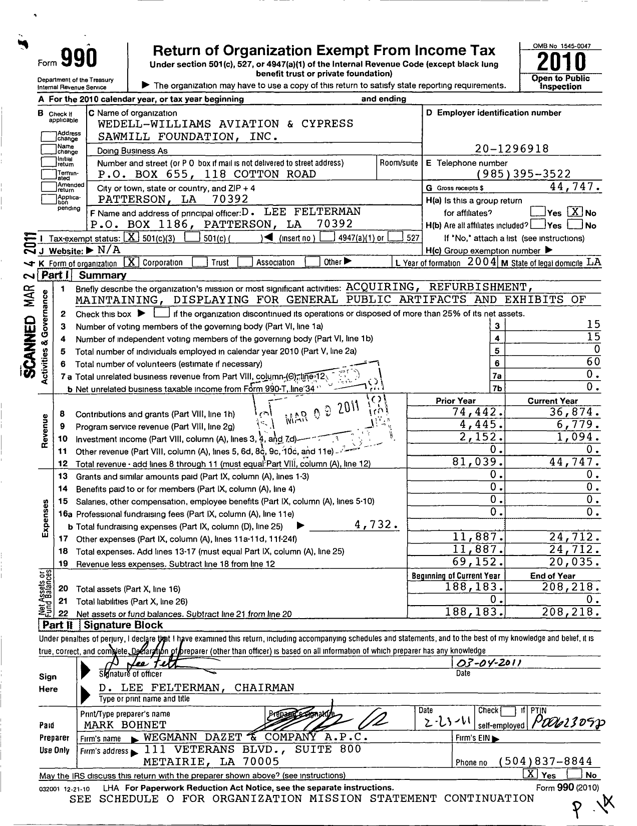 Image of first page of 2010 Form 990 for Wedell-Williams Aviation and Cypress Sawmill Foundation