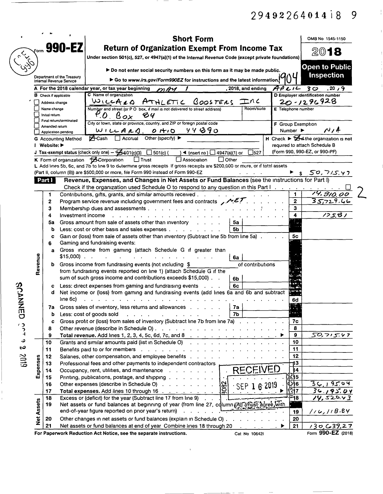 Image of first page of 2018 Form 990EZ for Willard Athletic Boosters